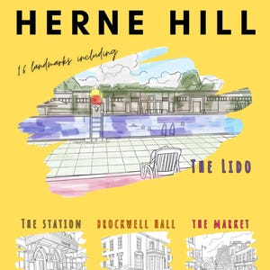 Puede incluir: Una ilustración en blanco y negro de la portada de un libro para colorear con el texto "COLOUR IN HERNE HILL" y "THE LOCAL COLOURING BOOK". La portada también incluye ilustraciones de una piscina, una estación de tren, un edificio y un mercado.