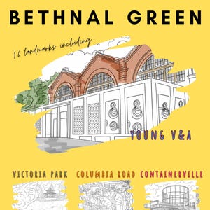 May include: A yellow book cover with the title "COLOUR IN BETHNAL GREEN". The cover features a line drawing of a building and the text "16 landmarks including". Below are three more drawings and the text "THE LOCAL COLOURING BOOK".