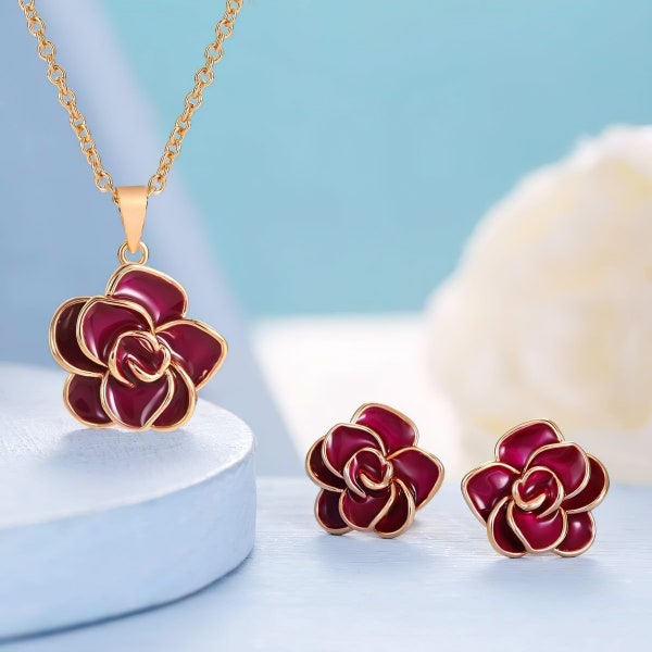 Bijoux Fleur de Rose Élégante Dorée - Parure collier et boucles d'oreilles pour une allure florale chic Cadeau de la Saint-Valentin