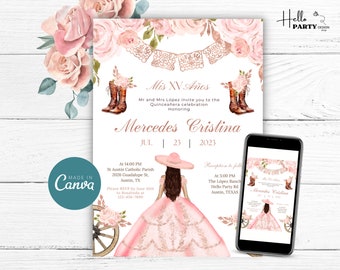 Charra Quinceañera Invitation Rose Gold Princess Vintage Boots 15th Birthday Western Editable Party Invite Template Mis Quince Años QPP6