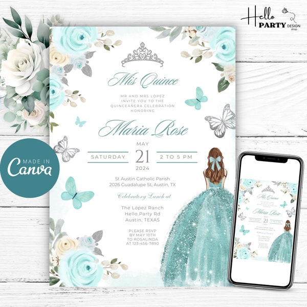 Mint Green Quinceañera Invitation, Blue Silver Gold Butterfly Tiara 15th Birthday Editable Princess Crown Party Invite Template, Mis Quince