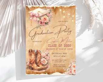 Bearbeitbare Blumen-Western-Abschluss-Ankündigungskarte, Kokette Bogen-Cowgirl-Graduierten-Party-Einladung, Canva