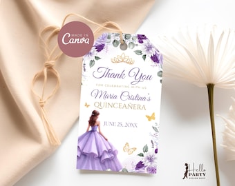 Op de afbeelding: Een quinceañera bedanklabel met een aquarel illustratie van een meisje in een paarse jurk. Het label bevat de tekst "Thank You" en "Maria Cristina's Quinceañera" met de datum 25 juni 20XX. Het label is versierd met paarse bloemen en vlinders.