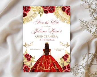 Red Gold Quinceañera Save the Date, Mexican Invitation, Charra Princess Quince Crown, Editable QR11