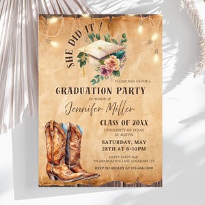 She Did It, Floral Western Graduation Party Invitation, Country College Grad, Cowgirl Editable Canva Template