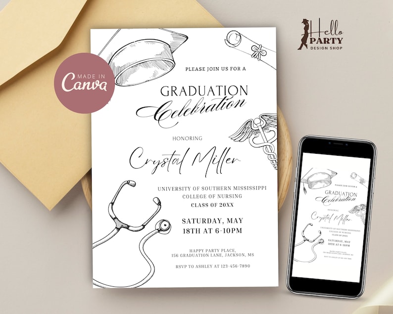 May include: Black and white graduation invitation with a stethoscope, graduation cap, and caduceus. The invitation is for Crystal Miller, a graduate of the University of Southern Mississippi College of Nursing, Class of 20XX. The invitation is for a graduation celebration on Saturday, May 18th at 6-10pm. RSVP to Ashley at 123-456-7890.