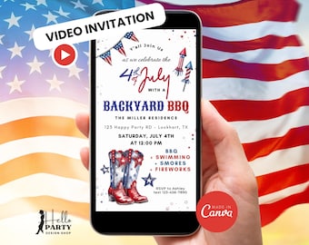 Western 4. Juli VIDEO Einladung, Cowboy Party, Backyard BBQ Animierte Einladung, Bearbeitbar FJ33
