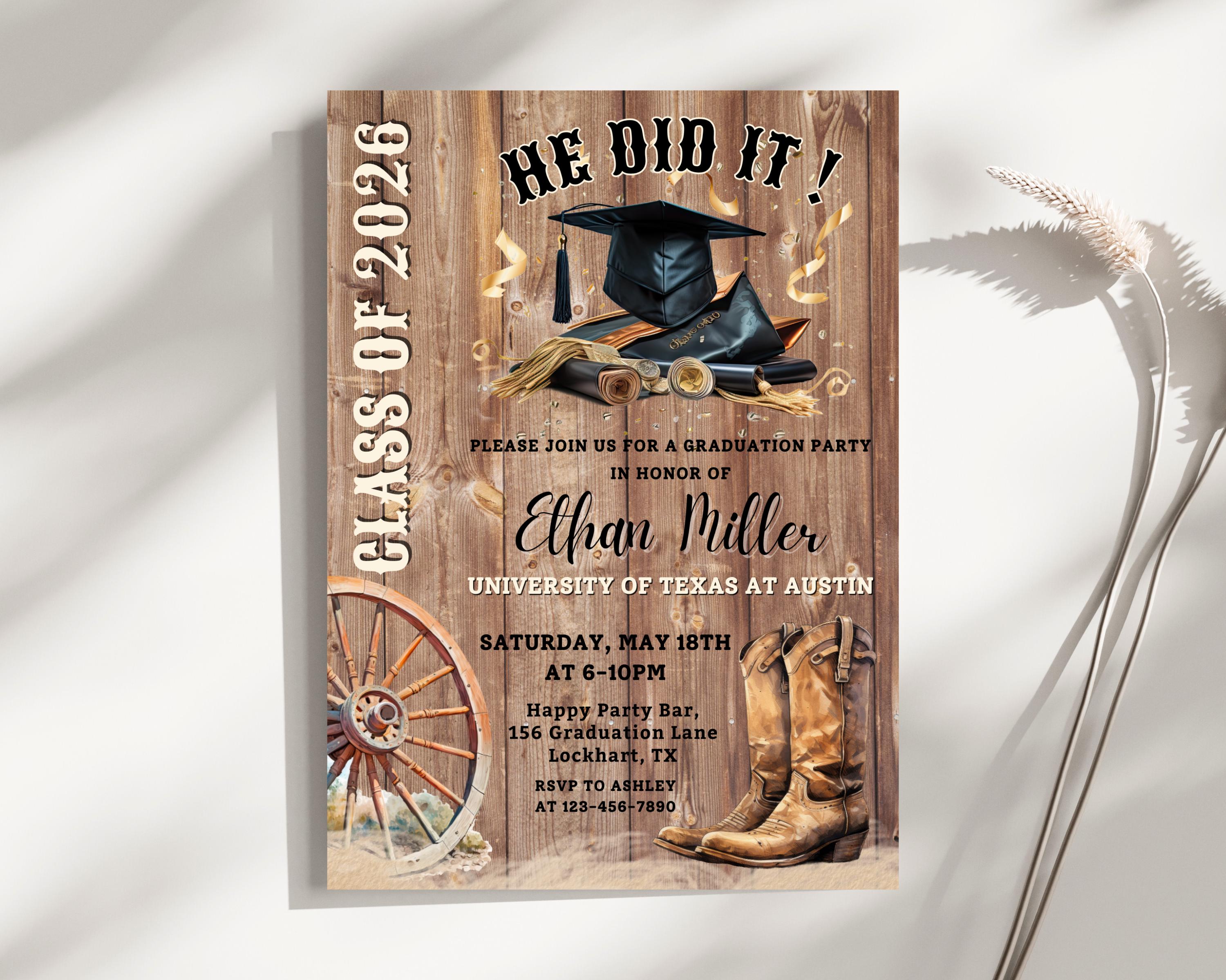 Class of 2026 Western Graduation Party Invitation, Country College Grad ...