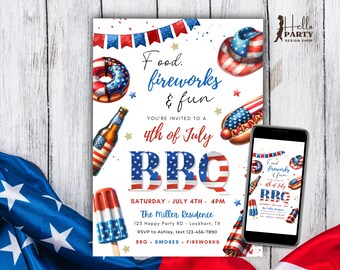 Bearbeitbar 4. Juli GRILLEN Einladung, Food Feuerwerk Bier Unabhängigkeitstag Amerikanische Flagge FJ15
