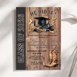 Editable Western Graduation Party Invitation, Country Cowboy, Class of 2026, College Cap Boots, Canva