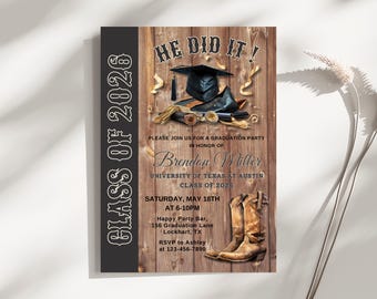 Editable Western Graduation Party Invitation, Country Cowboy, Class of 2026, College Cap Boots, Canva