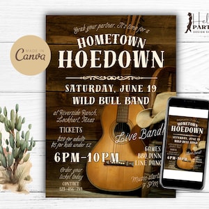 Editable Hoedown Flyer - Country Guitar Party Invitation - Rustic Live Music Band Digital Invite - Cowboy Hat Western Square Line Dance- HF9