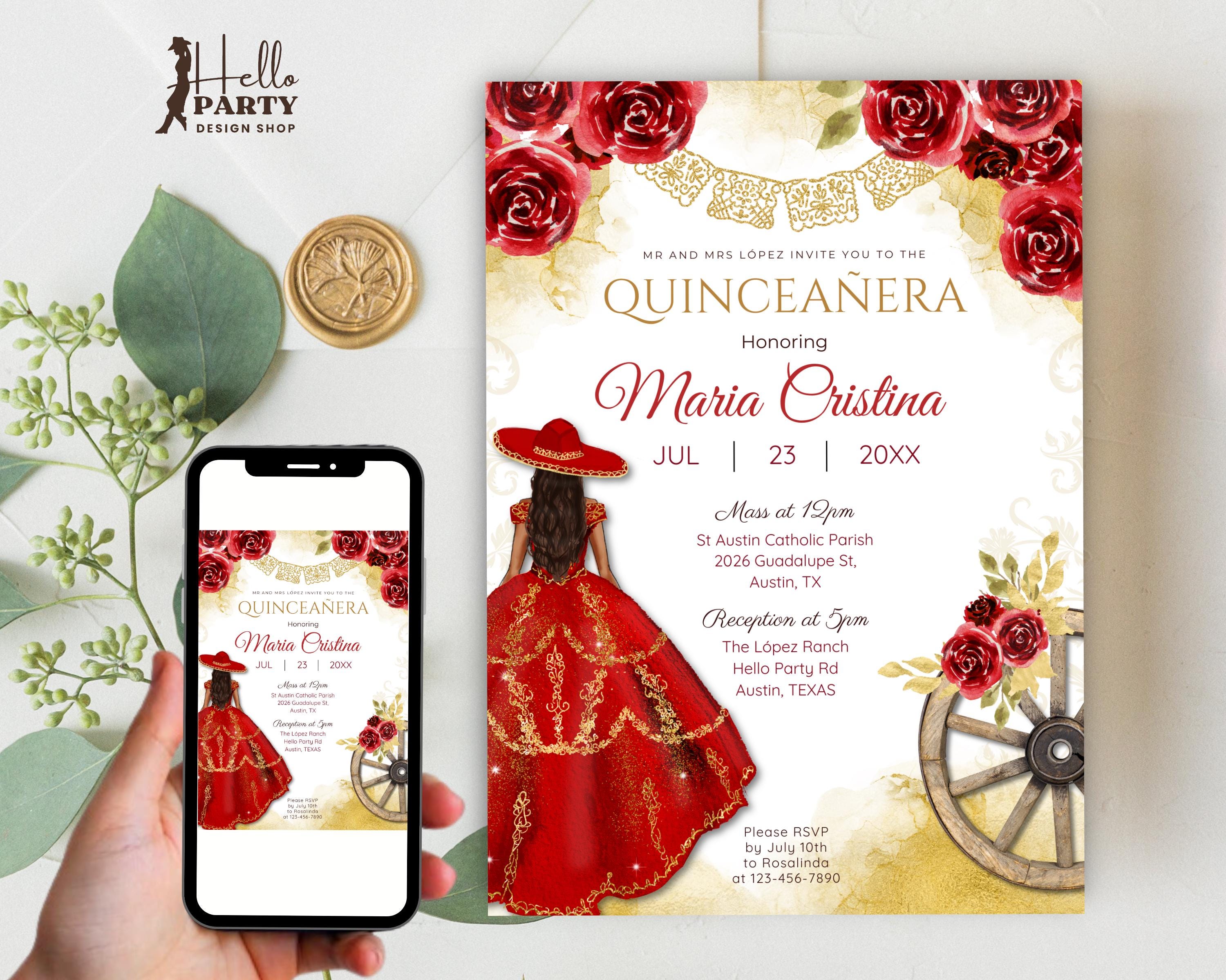 レッドゴールドキンセアニェラ招待状、編集可能な西洋マルメロ招待状