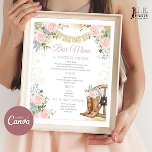 Rosa Gold Quinceaña Bar Menü Schild Vorlage, Elfenbein Blumen Cowgirl Geburtstag Getränkekarte, 15. Geburtstag Bearbeitbar Sweet Sixteen Dekor QI6b