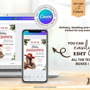 K&ouml;nnte beinhalten: Eine digitale Einladungsvorlage auf einem Laptop-Bildschirm und einem Smartphone, mit einem roten Cowboyhut, braunen Lederstiefeln und Tannenzweigen. Der Text lautet Ho Ho Ho, Holiday Hoedown, The Miller Family und Veranstaltungsdetails.