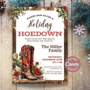Könnte beinhalten: Einladung zur Holiday Hoedown mit roten Cowboy-Stiefeln, Kakteen und floralen Akzenten. Die Einladung enthält den Text "Holiday Hoedown" und Veranstaltungsdetails. Das Design ist vor einem rustikalen Holz Hintergrund.