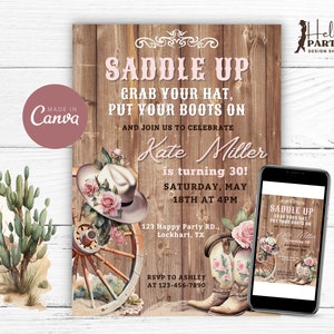 Editable Pink Cowgirl Boots Birthday Party Invitation -Western Saddle Up Digital Invite Country Floral Roses Printable Template 30th CG5