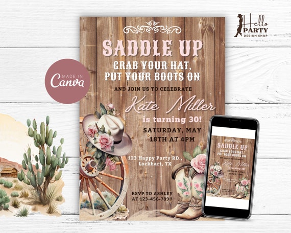 Cowgirl Birthday Party Invitation, Floral Pink Western Boots, Saddle Up, Country, Canva Editable CG5