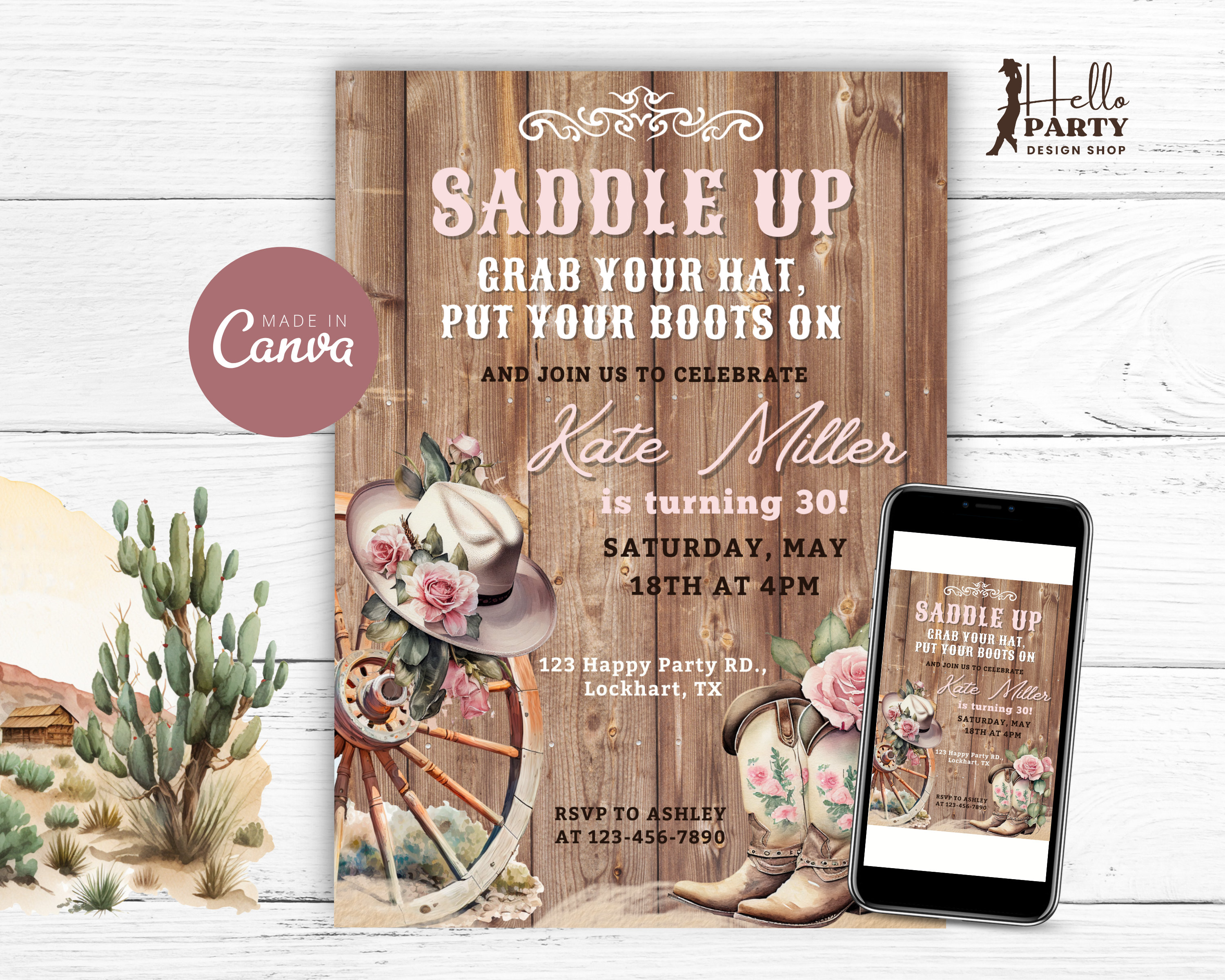 Invitación editable para fiesta de cumpleaños con botas vaqueras rosas -  Invitación digital \, image size:3000x2400