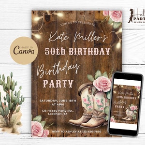Invito per la festa del 50° compleanno con stivali da cowgirl modificabile - Invito digitale Canva con rose del selvaggio West, stile rustico, stile country, stampabile, in legno, CP