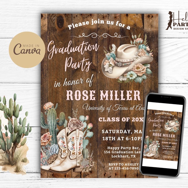 Editable Western Graduation Party Invitation - Digital Invite Rustic Country College Grad Hat Cowgirl Boots Printable Template Class Of GPG1