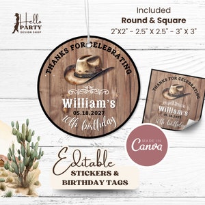 Editable Western Tags, Printable Birthday Party Favor Tag, Western Thank you Stickers, Cowboy Gift Tag Country Party Favor, Round, Square
