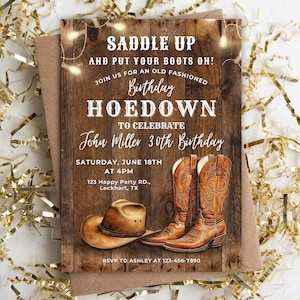 Western Hoedown Birthday Invitation, Rustic Cowboy Boots, Country Party Invite, Editable Canva Template CB01