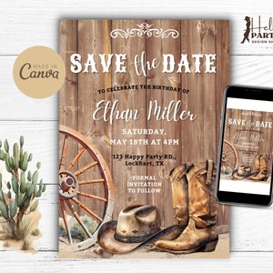 Convite para festa de aniversário Western Save The Date - Convite digital de cowboy editável Chapéu de botas rústicas - Modelo Canva para impressão SBB2