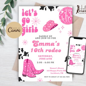 Modello di invito per festa di compleanno Let's Go Girls - Invito per festa di compleanno con cowgirl in rosa acceso, rodeo, western, digitale, con canva, stivali da donna country, CP1