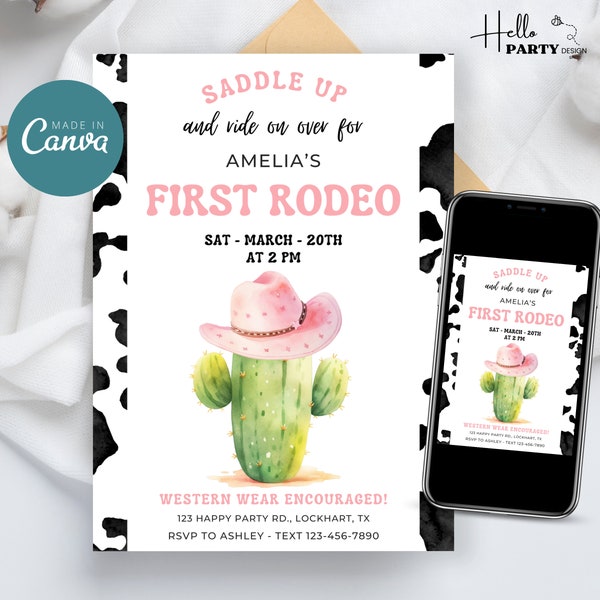 My First Rodeo Invitation Cowgirl Birthday Invite Canva Template Printable WildWest Cow Print Cactus Hat SouthWestern Country Party FR