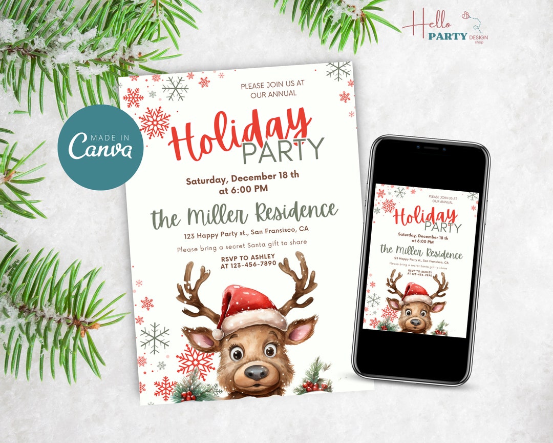 Editable Funny Holiday Party Invitation Colorful Reindeer Etsy
