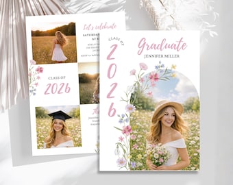 Wildblumen-Abschluss-Party Einladung, Boho Blumenfoto, College Girl Grad einladen, Canva bearbeitbar