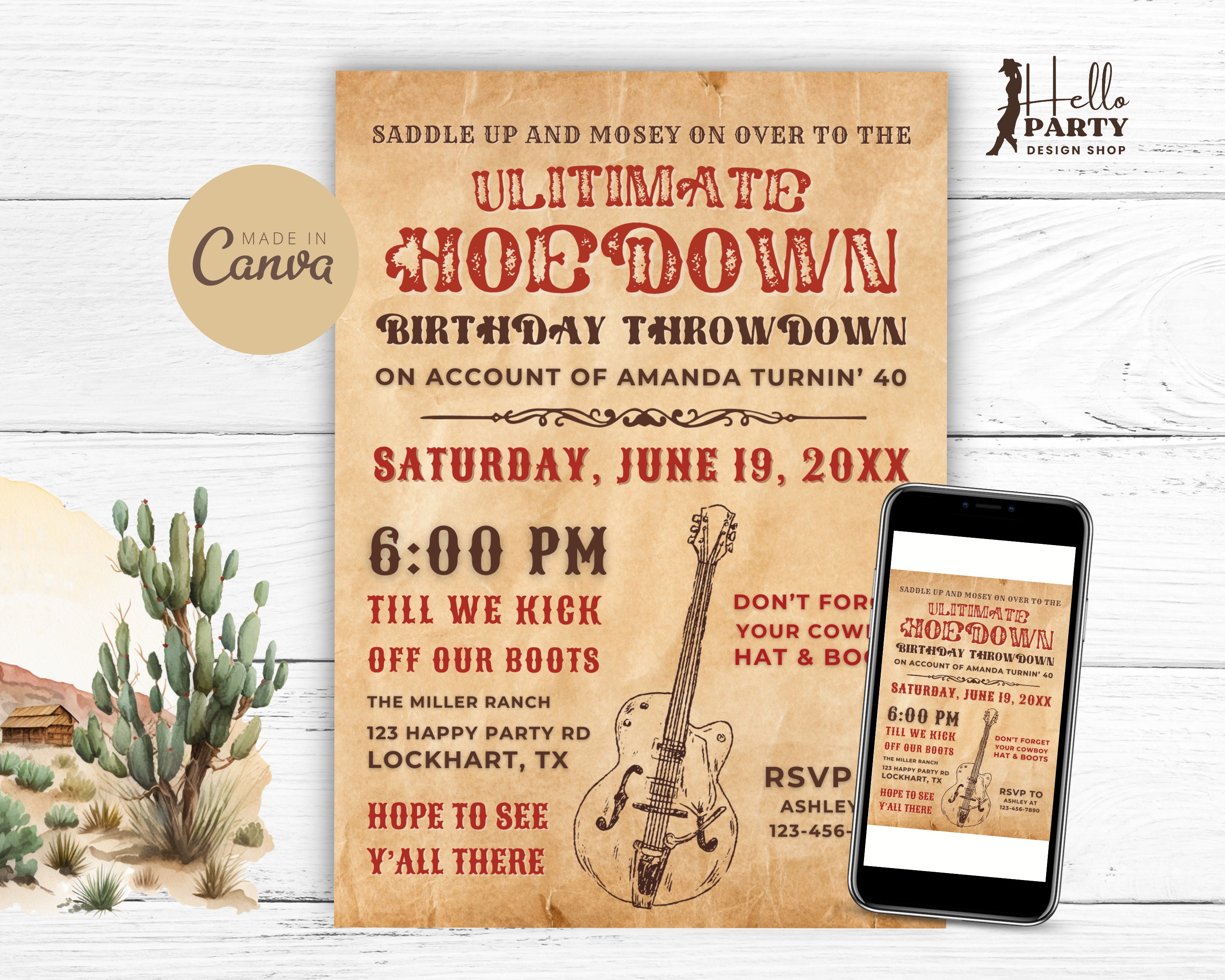 Hoedown Throwdown Birthday Party Invitation -western Cowboy Boots Hat  Digital Invite Country Guitar Barn Dance Rustic Printable Template CB - Etsy, image size:3000x2400