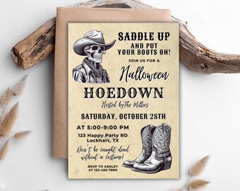 Invitación a fiesta de Halloween del Oeste, cumpleaños con temática de baile country espeluznante, esqueleto vaquero, fiesta de disfraces, plantilla editable de Canva.
