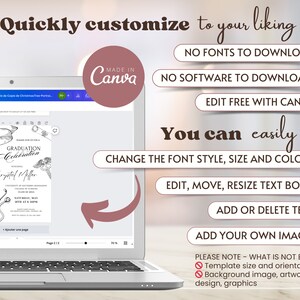 May include: A laptop screen displaying a graduation invitation template in Canva. The template features a black and white illustration of a graduation cap, stethoscope, and a winged medical symbol. The text on the invitation reads "Graduation Celebration" and "Crystal Meller". The text on the laptop screen reads "Quickly customize to your liking!" and "You can easily change the font style, size and colour, edit, move, resize text boxes, add or delete text, add your own images".