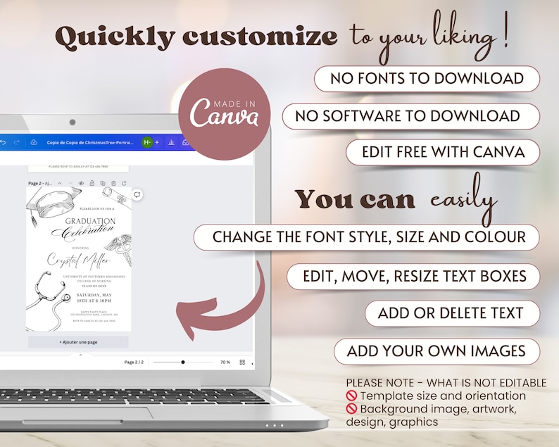 May include: A laptop screen displaying a graduation invitation template in Canva. The template features a black and white illustration of a graduation cap, stethoscope, and a winged medical symbol. The text on the invitation reads "Graduation Celebration" and "Crystal Meller". The text on the laptop screen reads "Quickly customize to your liking!" and "You can easily change the font style, size and colour, edit, move, resize text boxes, add or delete text, add your own images".