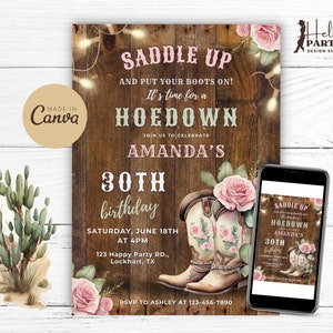 Invito per festa di compleanno modificabile Cowgirl Hoedown 30th - Rose Wild West Digital Country Floral Lady Boots Stampabile Canva Invite CP