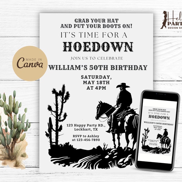 Editable Western Hoedown Birthday Party Invitation - Black Silhouette Cowboy Riding Horse Digital Invite - Printable Canva Template CB