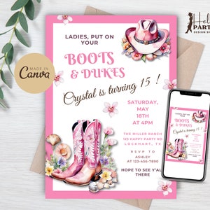 Modello di invito per festa con stivali rosa shocking e Dukes - Compleanno di una cowgirl costiera - Invito digitale modificabile in stile western - Country Lady Floral CP16