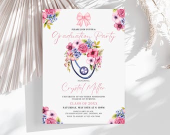 Krankenpflege-Abschluss-Einladung bearbeitbare Canva, RN Nurse Pactitioner College Grad Party, Pink Boho Floral