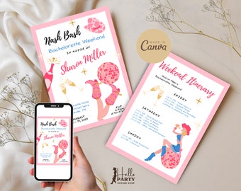 Invitación a despedida de soltera vaquera Nash Bash - Plantilla de itinerario de Nashville - Rosa ¡Vamos chicas! Invitación a cóctel disco Último baile LR7