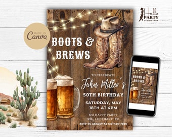 Invitación de cumpleaños occidental de botas y cervezas - cervezas digitales editables de vaquero invitan a botas rústicas de fiesta número 50 - plantilla imprimible CB34