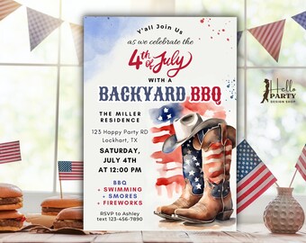 Bearbeitbare Western 4. Juli Backyard BBQ-Einladung, Cowboy Fireworks Party, Let's Grill & Chill