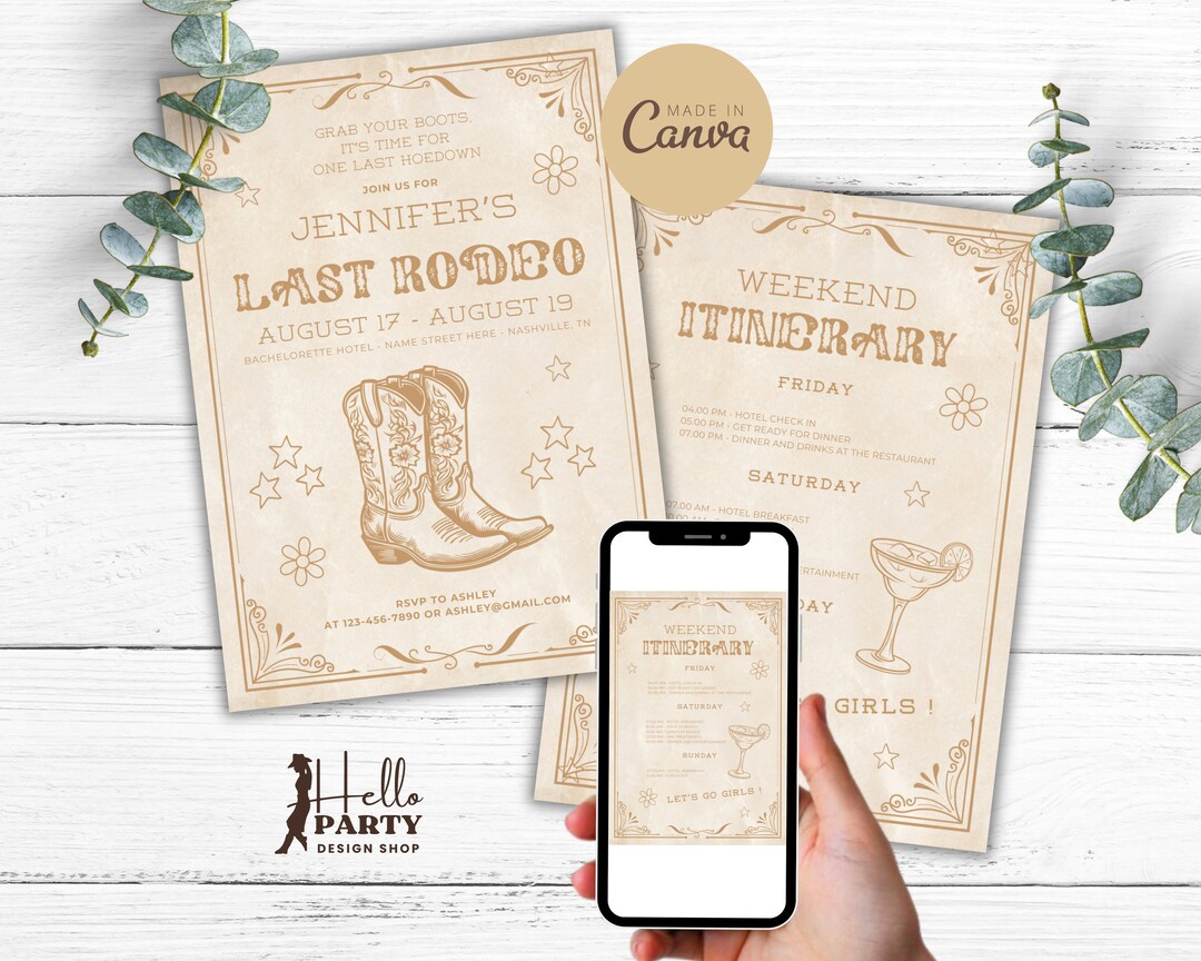 Last Rodeo Cowgirl Bachelorette Party Invitation - Itinerary Template ...