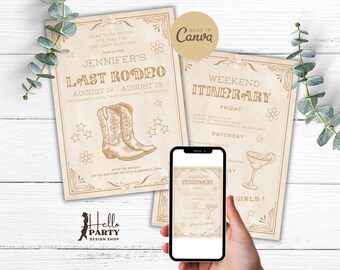 Invitación a la despedida de soltera de vaquera de Last Rodeo - Plantilla de itinerario - Invitación rústica de Nash Bash Cowgirl Boots Country Last Hoedown LR13