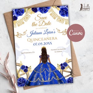 Retenez cette date charro bleu royal, faites vos réservations bleu or Mis coings Años retenez cette date Fête Quinceañera princesse mexicaine charra Retenez cette date Canva QBAS1