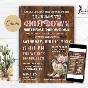Invito per festa di compleanno Hoedown Throwdown - Rose rosa Stivali da cowgirl occidentale Invito digitale Modello rustico per ballo in fienile country CP