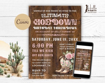 Hoedown Throwdown Birthday Party Invitation - Pink Roses Western Cowgirl Lady Boots Digital Invite Country Barn Dance Rustic Template CP