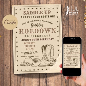Invito alla festa di compleanno Western Hoedown modificabile - Invito digitale da cowboy con stivali da campagna e cappello vintage - Modello Canva stampabile per il 50° CB15