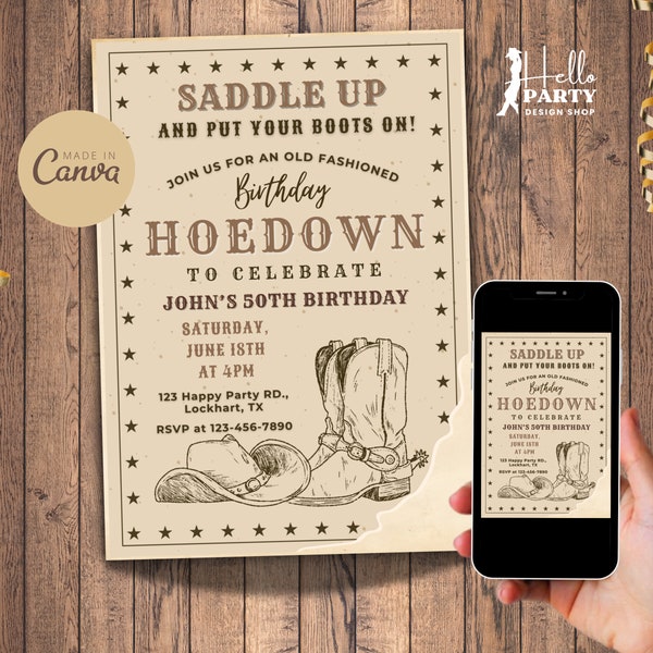 Editable Western Hoedown Birthday Party Invitation - Cowboy Digital Invite Country Boots Hat Vintage - Printable Canva Template 50th CB15
